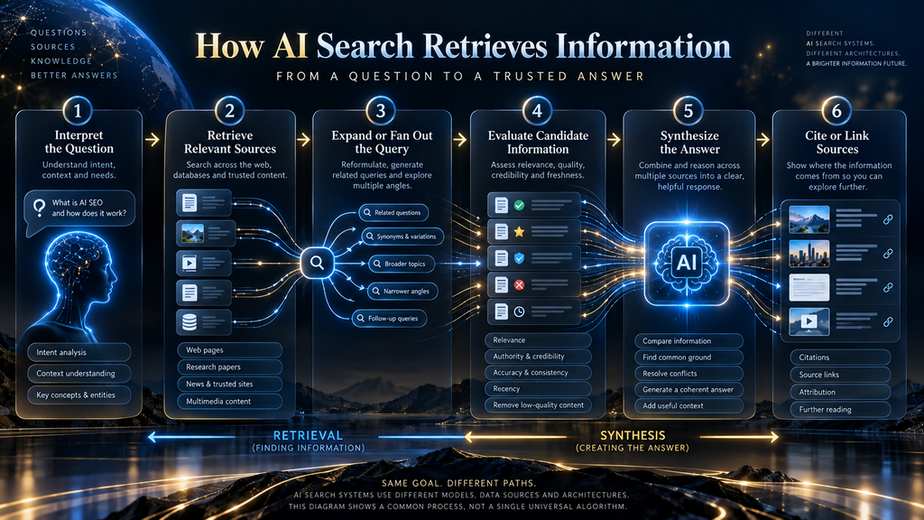 AI search retrieval and synthesis process showing question interpretation, source retrieval, query expansion, synthesis, and citations.