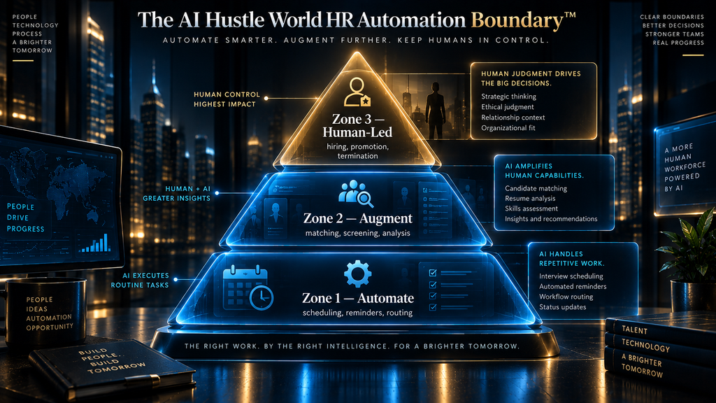 The AI Hustle World HR Automation Boundary framework showing three zones: Automate, Augment, Human-Led