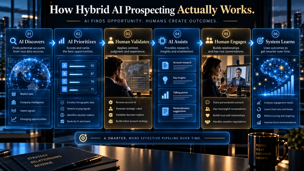 Hybrid AI B2B prospecting process combining AI research and human sales judgment