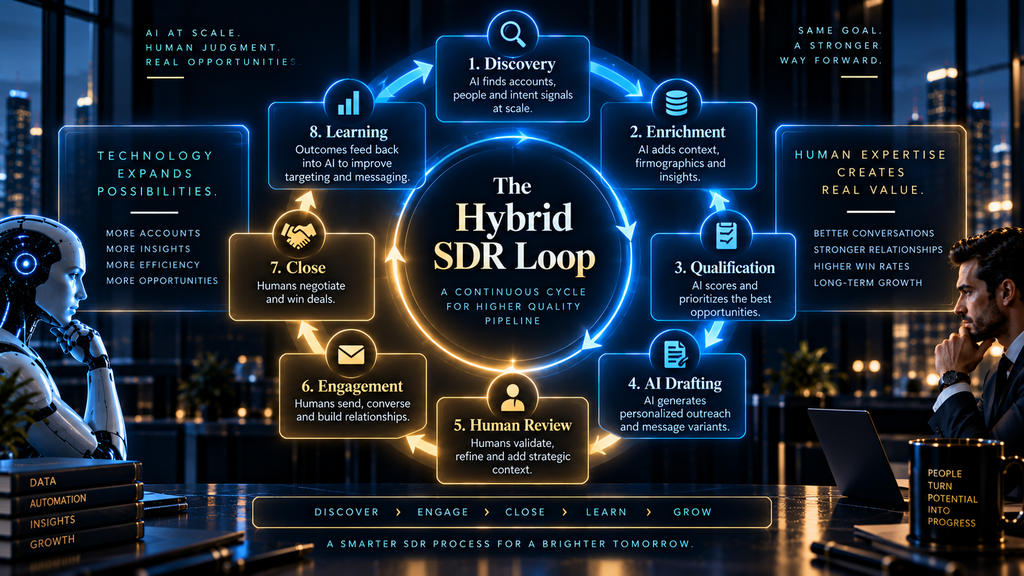 The hybrid AI and human SDR workflow loop from discovery to close.