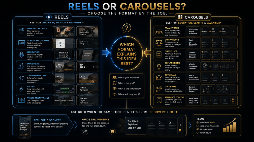 Comparison showing when faceless Instagram creators should use Reels or carousels.