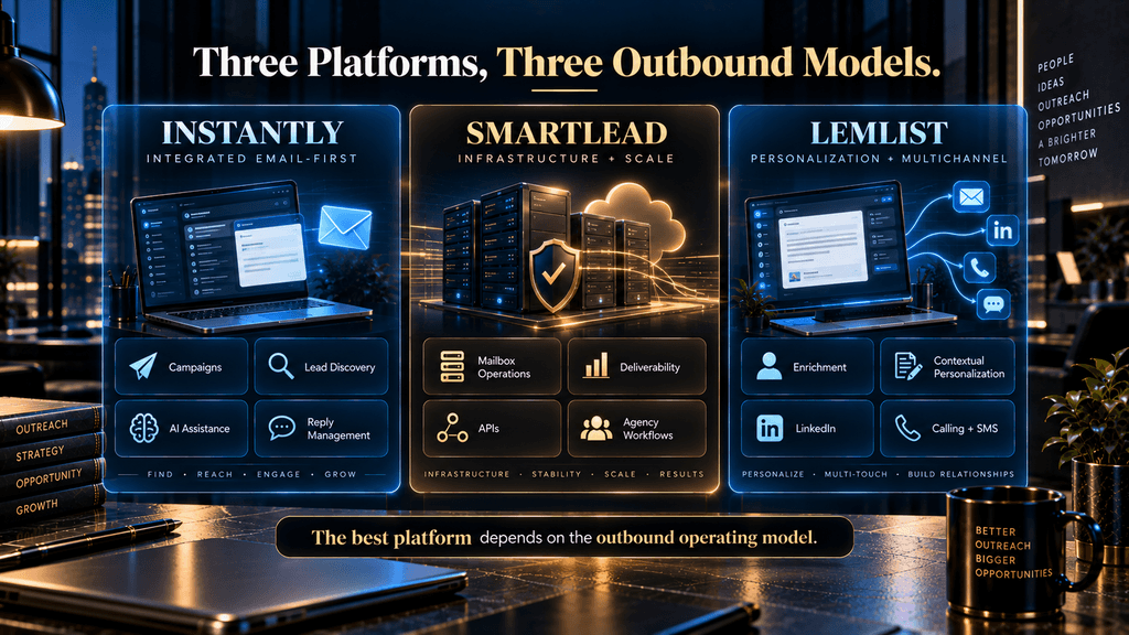 Three-way comparison showing Instantly as email-first, Smartlead as infrastructure-focused, and Lemlist as personalization and multichannel-focused.
