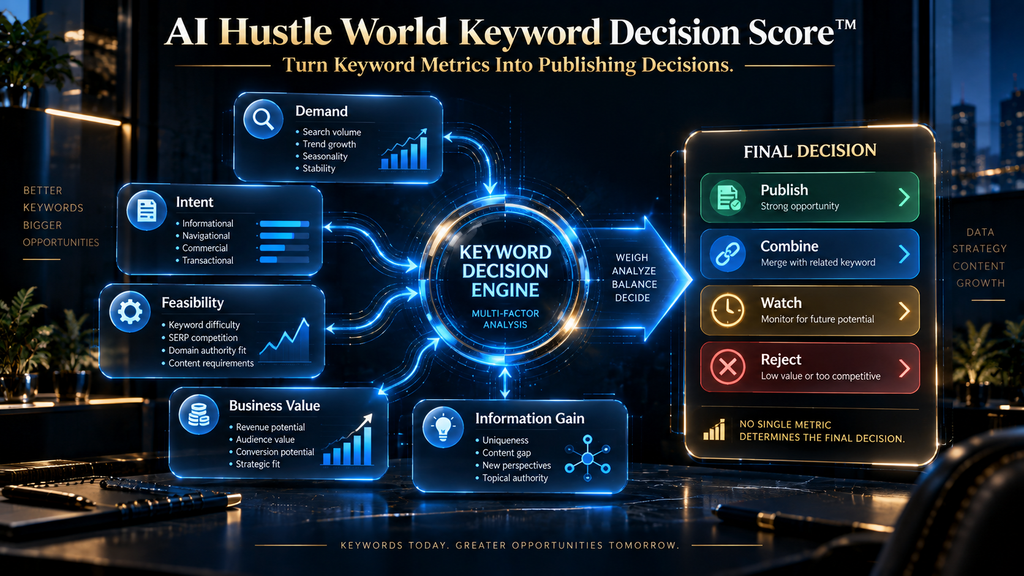 AI Hustle World Keyword Decision Score framework