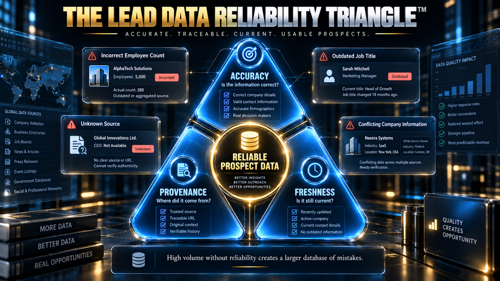 Lead Data Reliability Triangle showing accuracy freshness and provenance