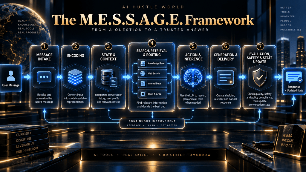 M.E.S.S.A.G.E. Framework showing seven stages from chatbot message intake through context, retrieval, inference, generation, safety and state update.