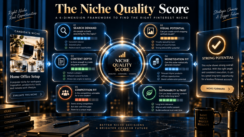 Niche Quality Score framework comparing search demand, visual potential, content depth, monetization, competition and sustainability.