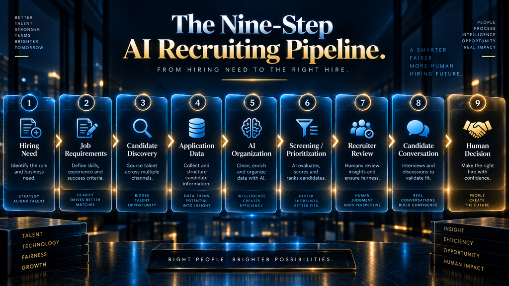The nine-step AI recruiting pipeline from hiring need to human decision