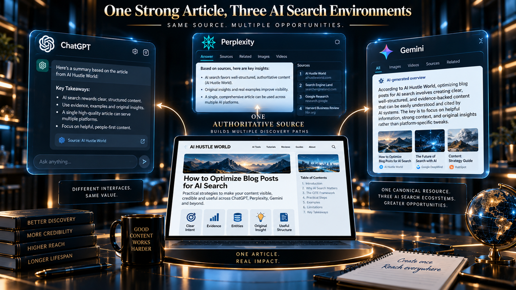 One authoritative blog article serving ChatGPT, Perplexity and Gemini through a shared information layer.