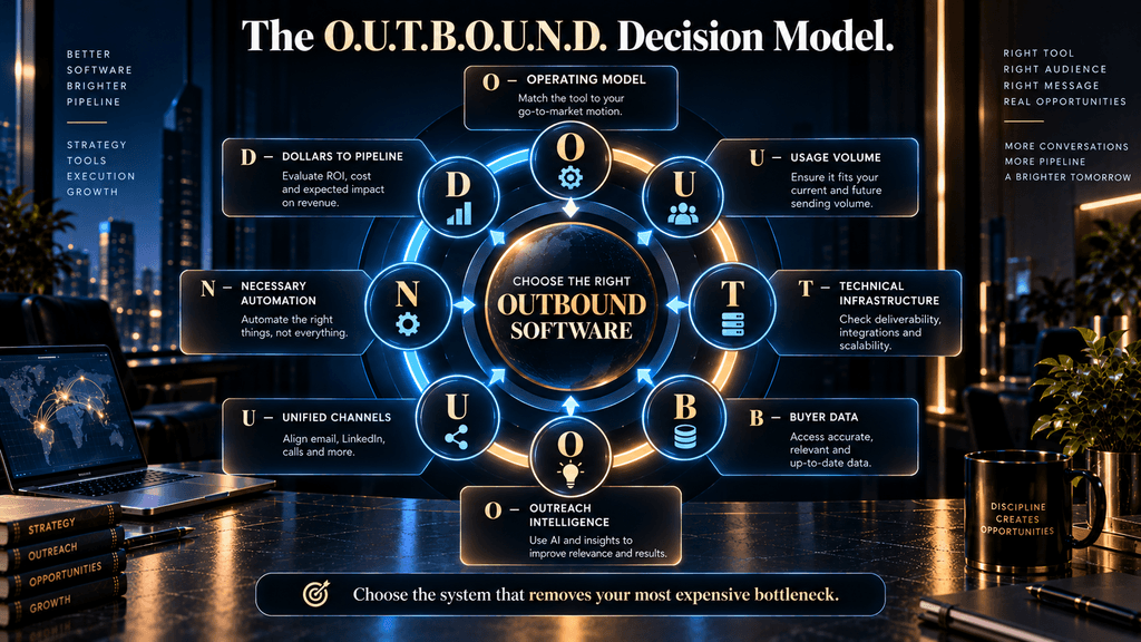AI Hustle World O.U.T.B.O.U.N.D. framework for choosing cold email software based on operating model, scale, infrastructure, data, automation and economics.