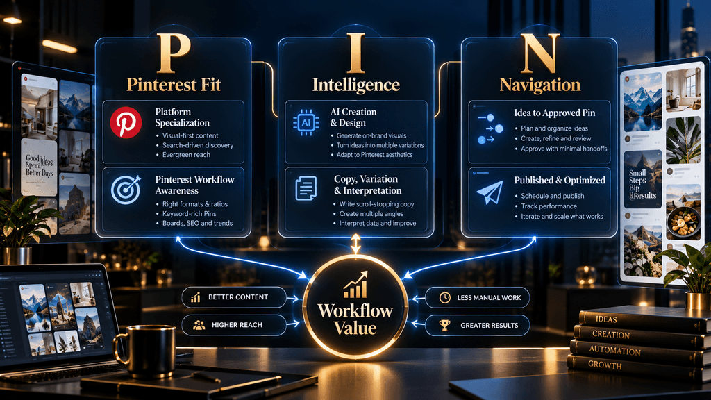 P.I.N. Score framework for evaluating Pinterest AI tools by fit, intelligence and workflow navigation