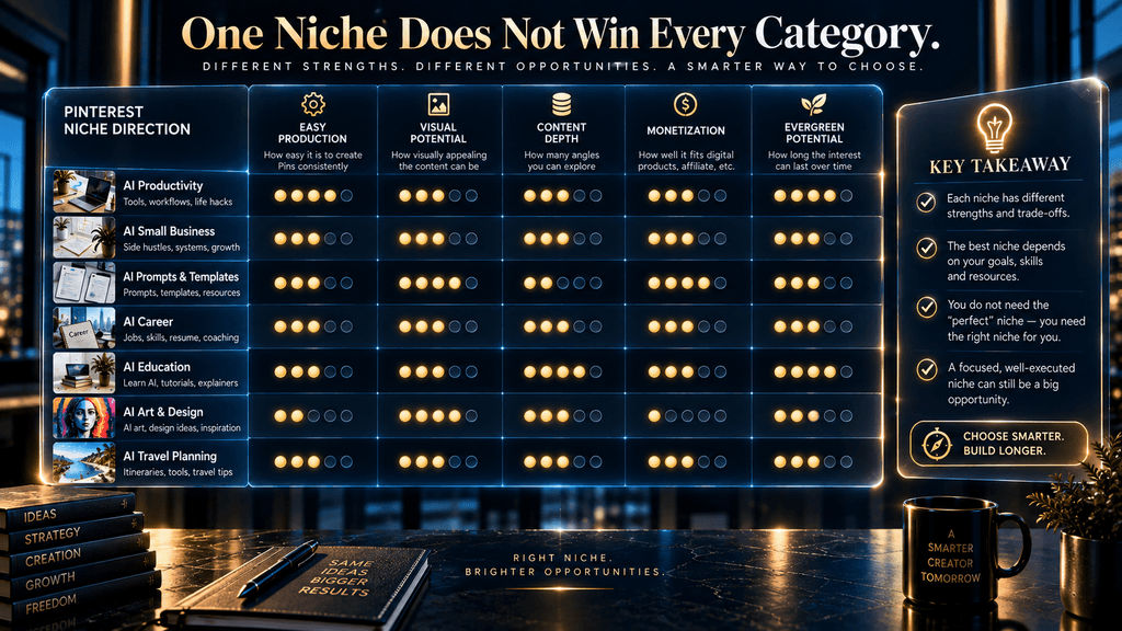 Comparison of faceless Pinterest niche options across production, visual potential, content depth, monetization and evergreen potential.