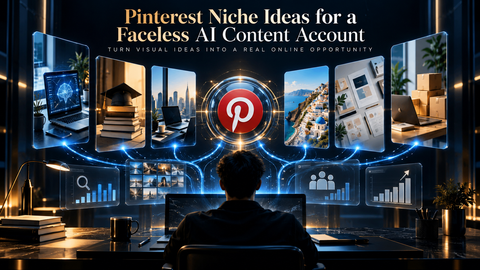 Faceless AI Pinterest content system showing niche selection across searchable, visual and commercially useful topics. Pinterest Niche Ideas