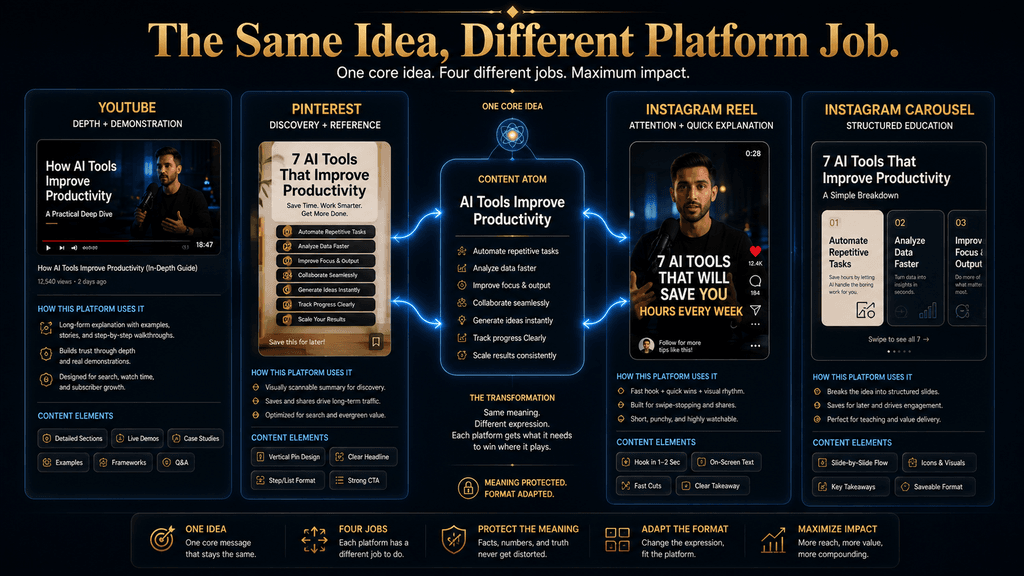Platform job matrix showing how one idea is adapted differently for YouTube, Pinterest and Instagram
