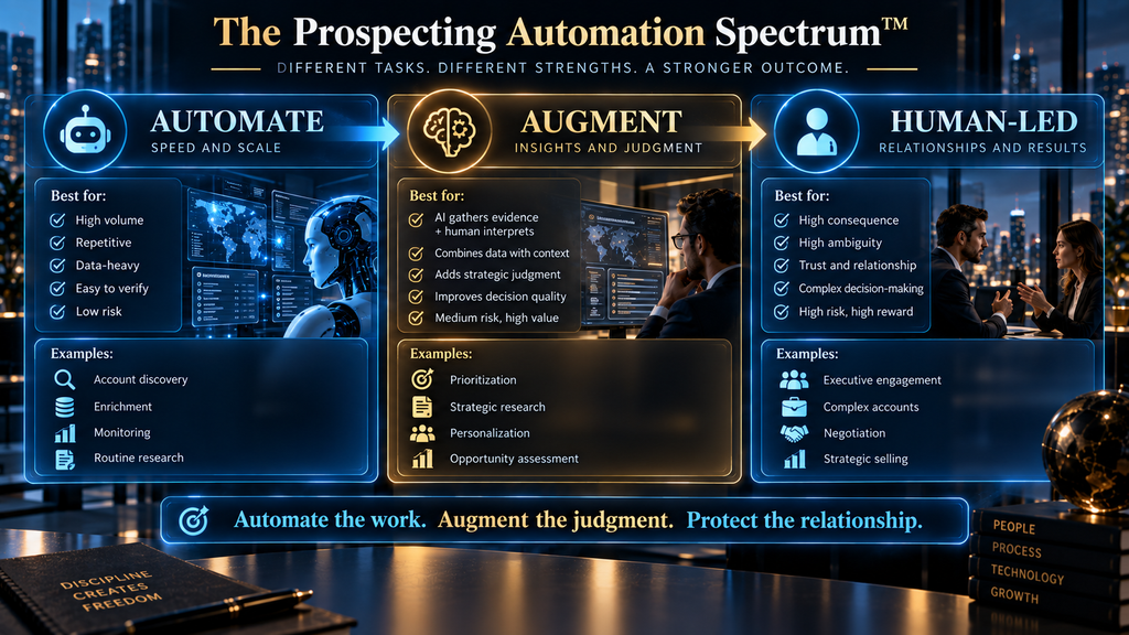 The Prospecting Automation Spectrum showing automate augment and human-led sales tasks