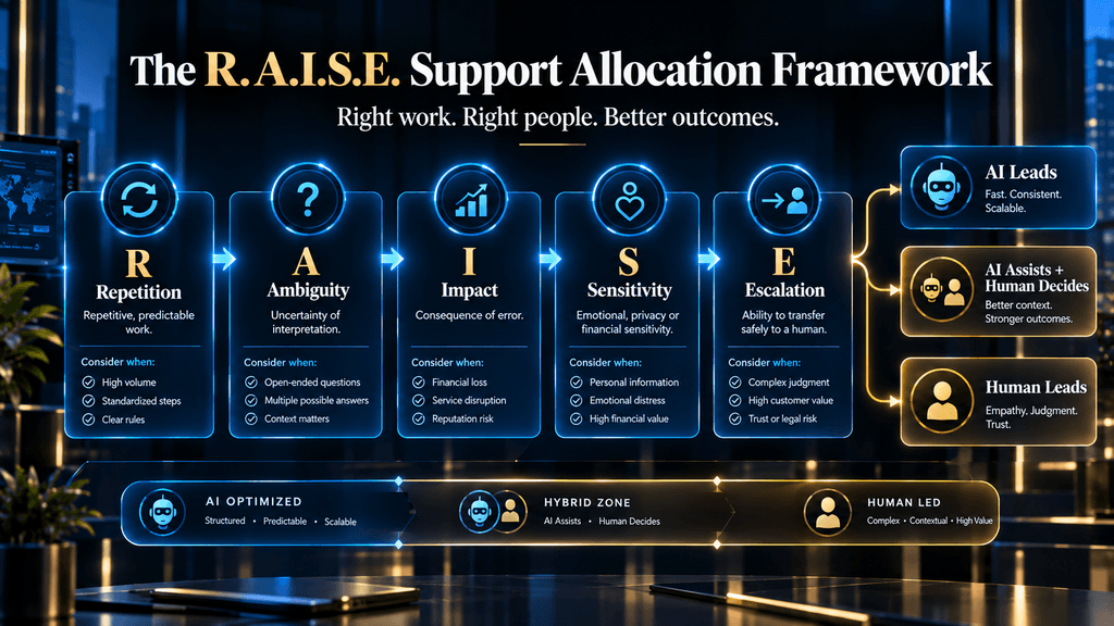 R.A.I.S.E. framework for deciding whether AI or humans should handle customer support work
