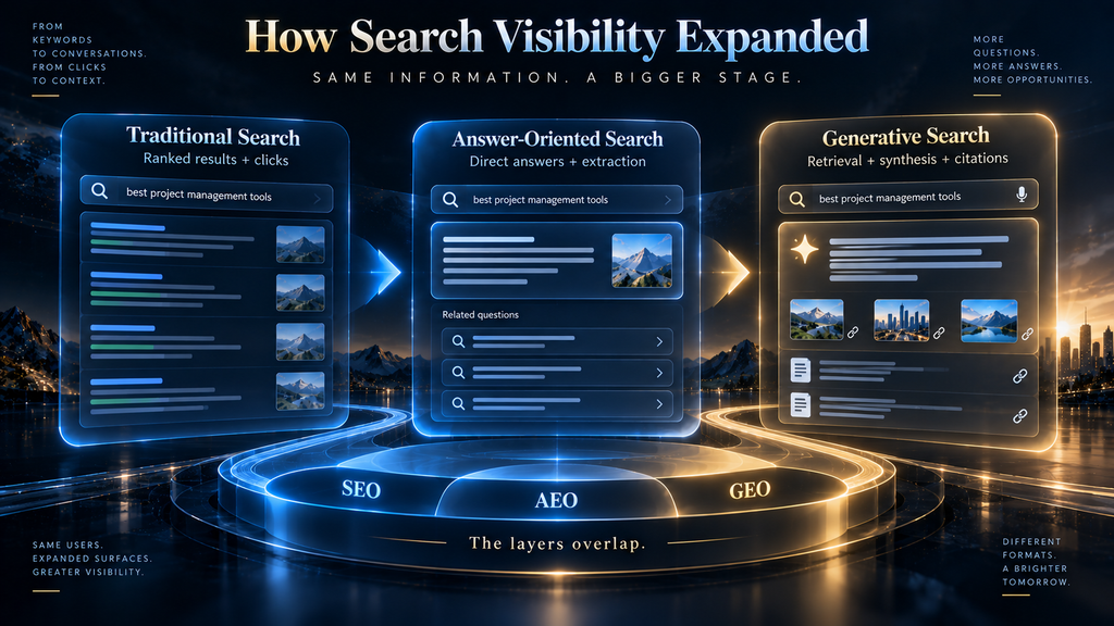 Evolution of search from ranked results to direct answers and generative responses.
