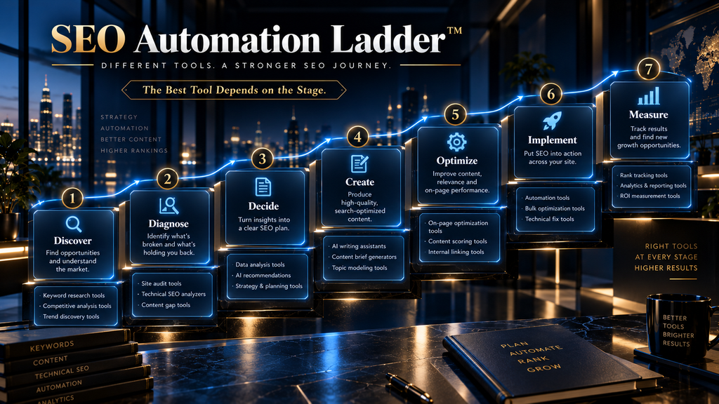 SEO Automation Ladder showing the stages Discover, Diagnose, Decide, Create, Optimize, Implement, and Measure.