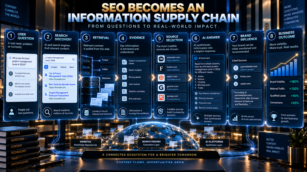Future SEO information supply chain connecting user questions, retrieval, evidence, AI answers and business outcomes