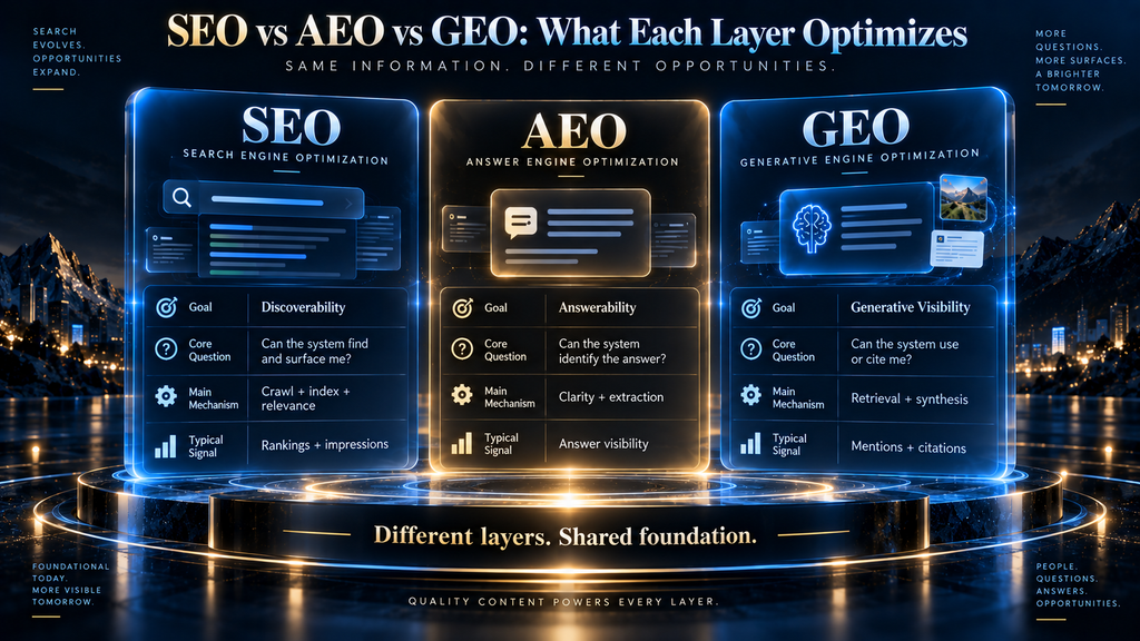 Comparison matrix showing the goals, mechanisms, environments, and metrics of SEO, AEO, and GEO.