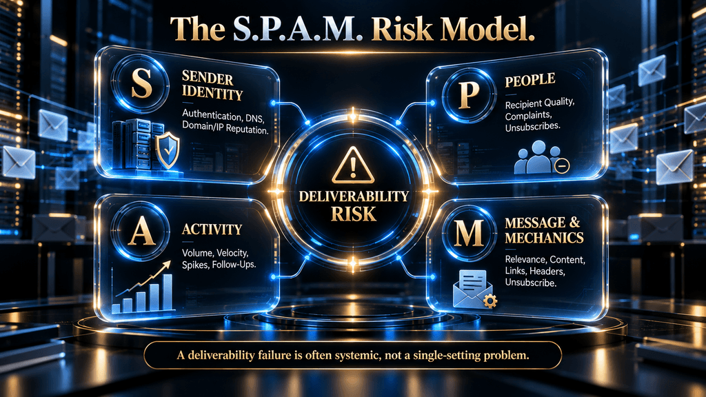 S.P.A.M. Risk Model showing sender identity, people, activity and message mechanics as interconnected deliverability risks.