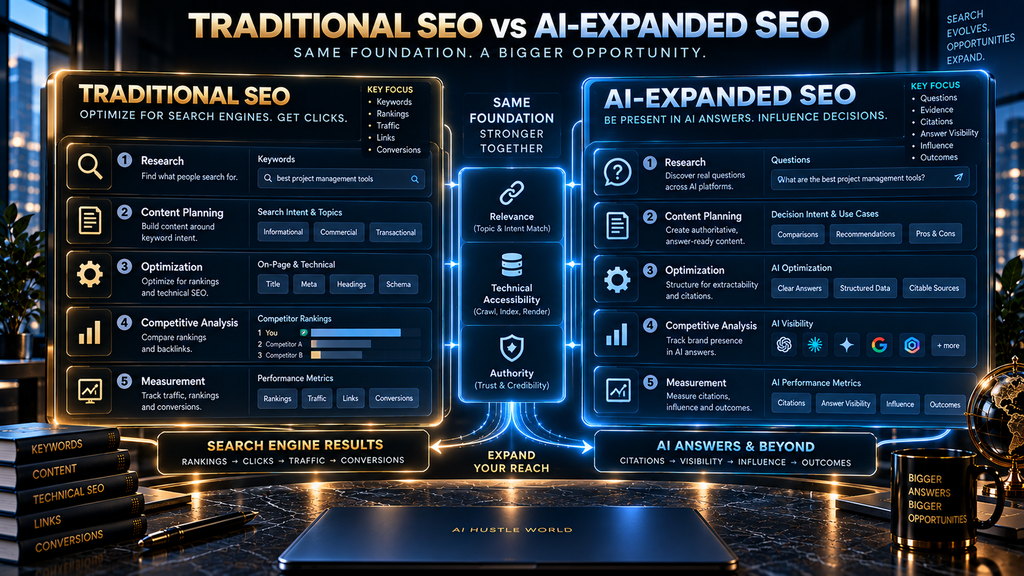 Traditional SEO and AI-expanded SEO workflow comparison across research, content, measurement and outcomes