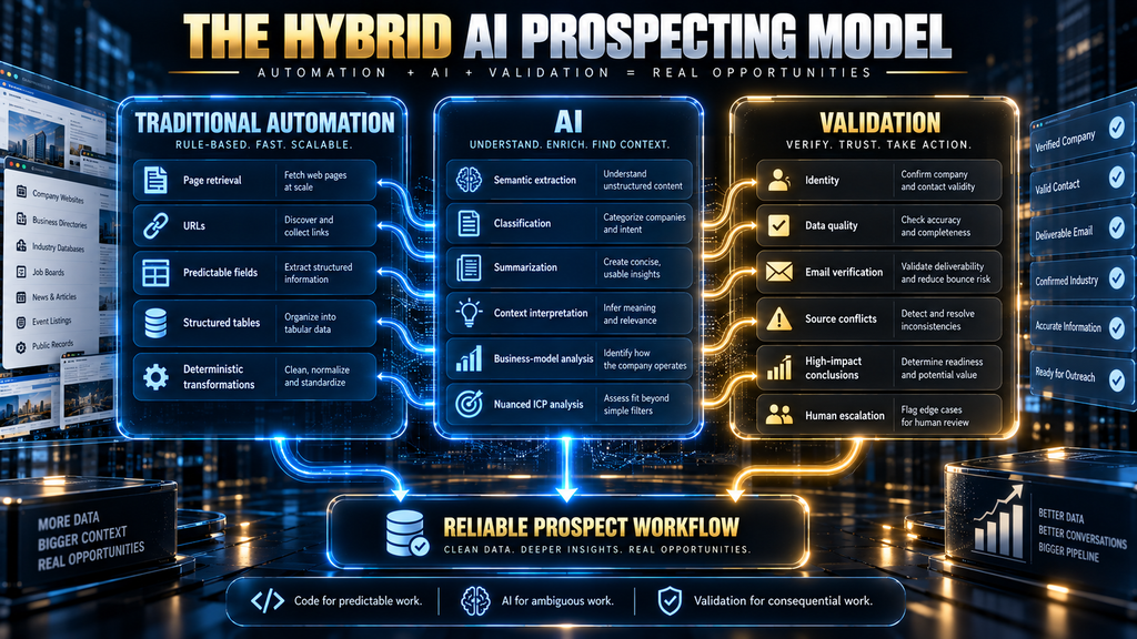 Traditional scraping versus AI-assisted scraping and validation in a hybrid prospecting model