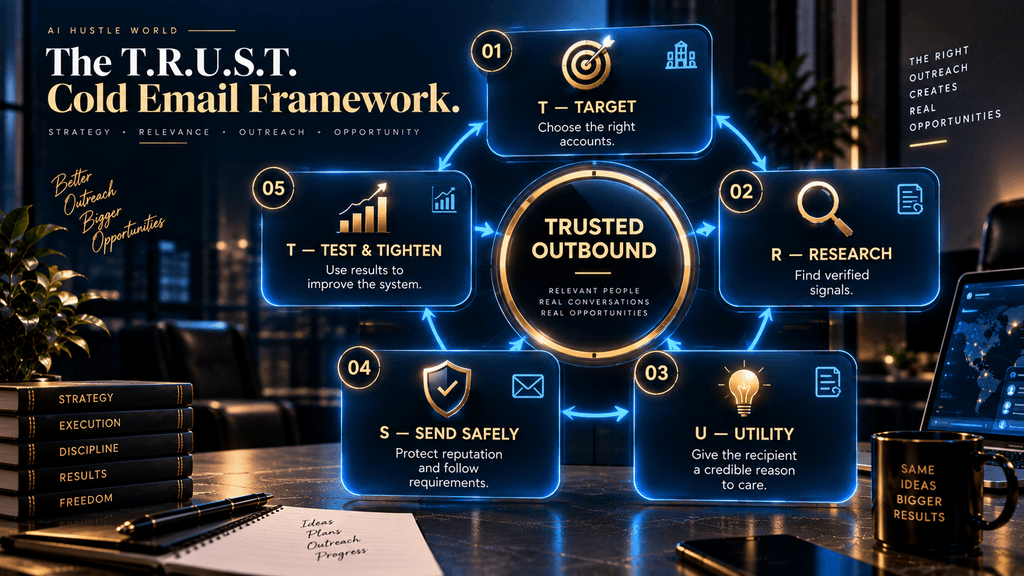 T.R.U.S.T. Cold Email Framework showing the five stages of a controlled AI outbound strategy.