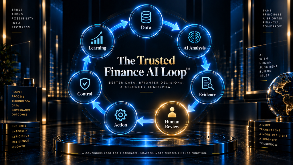 The Trusted Finance AI Loop diagram: Data, AI Analysis, Evidence, Human Review, Action, Control, Learning