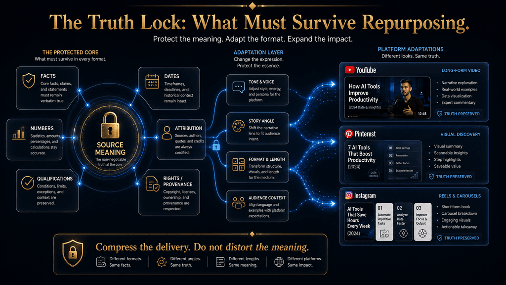 Truth Lock framework protecting facts, context, attribution and rights during content repurposing