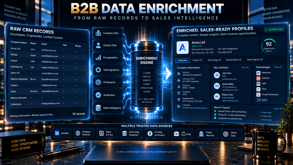 B2B data enrichment transforming incomplete company and contact records into actionable sales intelligence