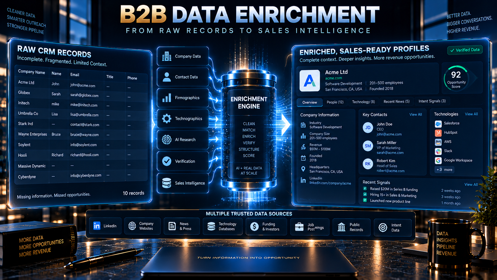 B2B data enrichment transforming incomplete company and contact records into actionable sales intelligence