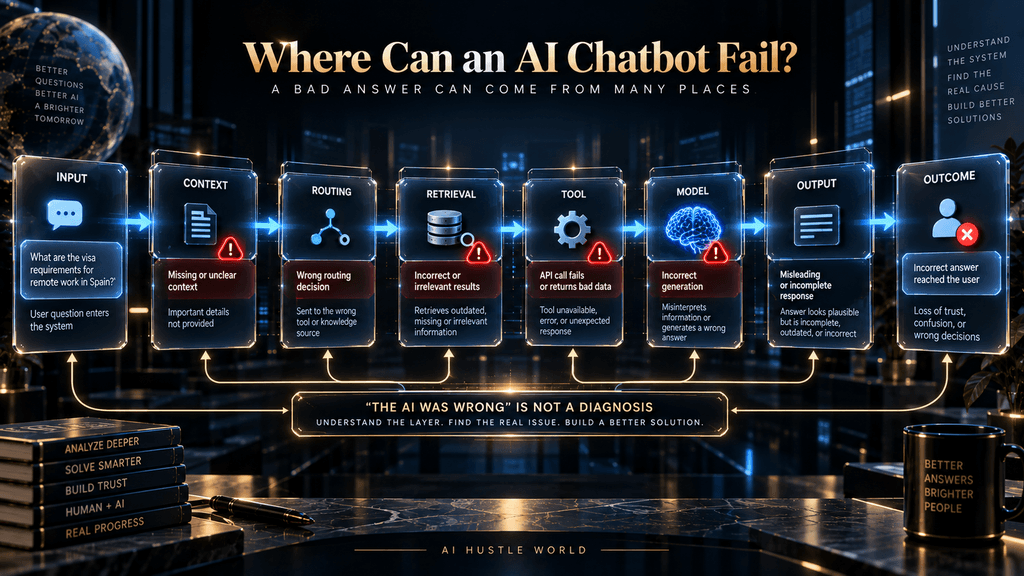 AI chatbot failure map showing how problems can originate in input, context, retrieval, tools, model generation or outcome.