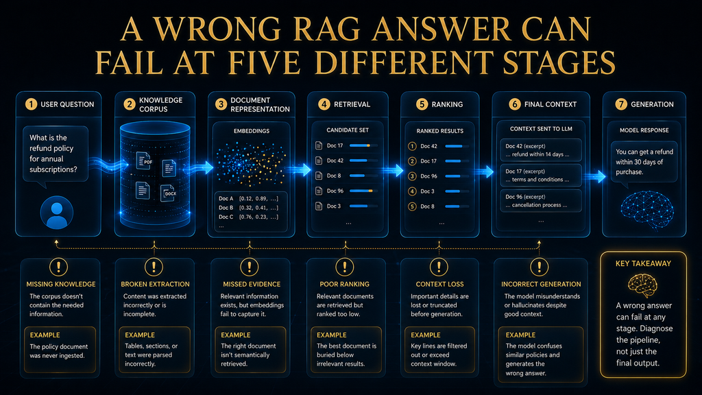 RAG failure pipeline showing how retrieval and generation can fail at different stages