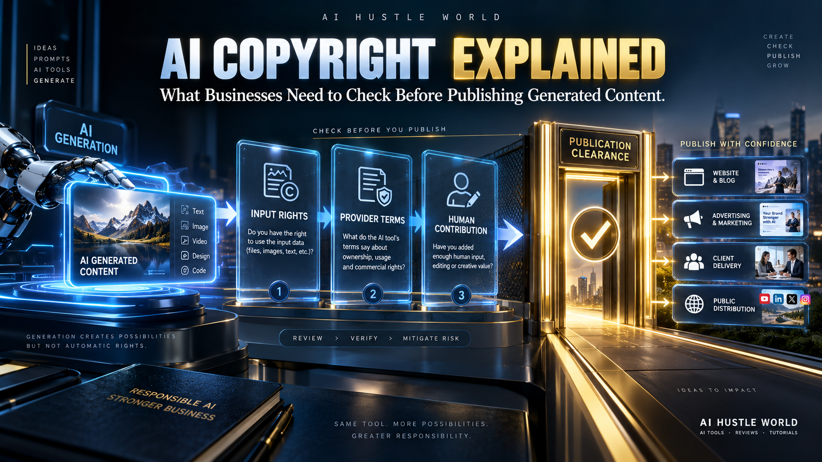 AI-generated content approaching a publication gate after AI copyright and rights checks