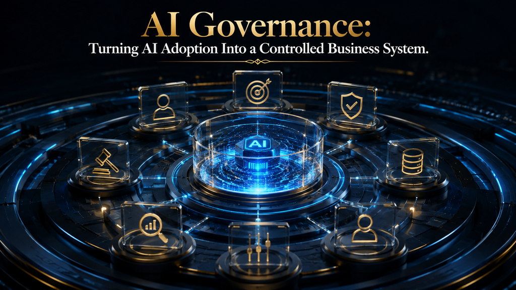 AI governance framework surrounding an organizational AI system with risk, data, oversight, controls and accountability layers.