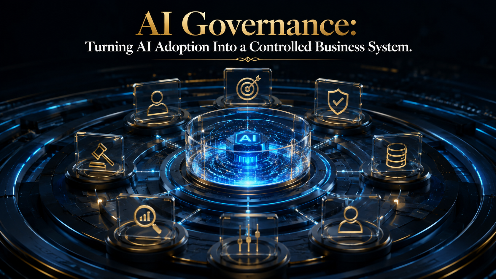 AI governance framework surrounding an organizational AI system with risk, data, oversight, controls and accountability layers.