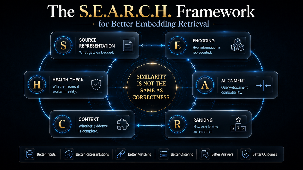 AI Hustle World SEARCH framework for evaluating embedding-based retrieval systems
