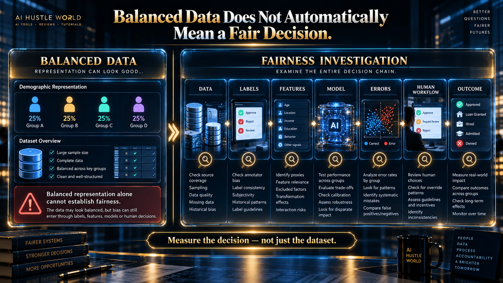 Comparison showing why balanced AI training data does not automatically create fair decisions
