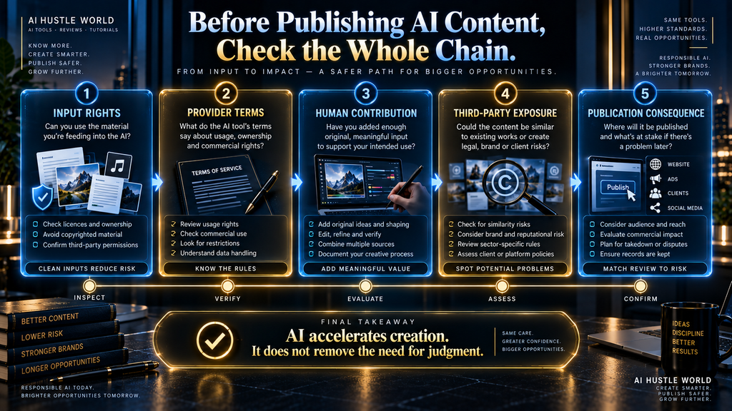 Final AI copyright checklist covering inputs, provider terms, human contribution, exposure and publication