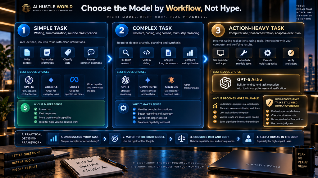 Decision framework showing when simple models, GPT-6 Astra, or supervised AI workflows make sense