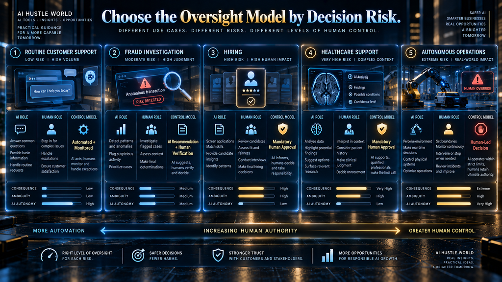 Comparison of human oversight models across customer support, fraud, hiring, healthcare and autonomous AI workflows.