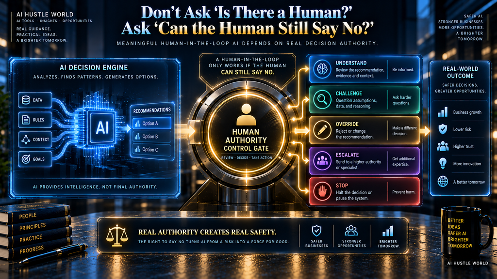 Final human-in-the-loop AI takeaway showing five forms of meaningful human control over AI decisions.