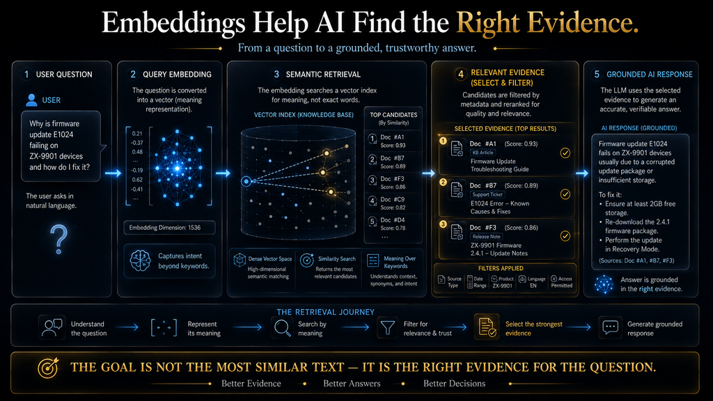 Final takeaway showing embeddings connecting user questions to relevant evidence in RAG
