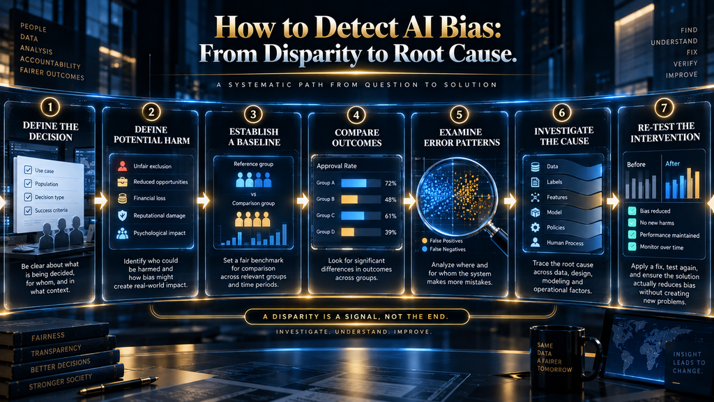 AI bias detection workflow showing how to move from outcome disparities to root-cause analysis