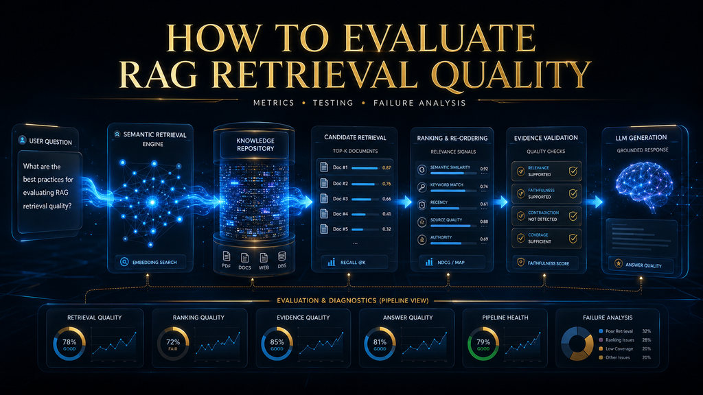 RAG retrieval quality evaluation pipeline showing search, ranking, evidence validation and LLM generation