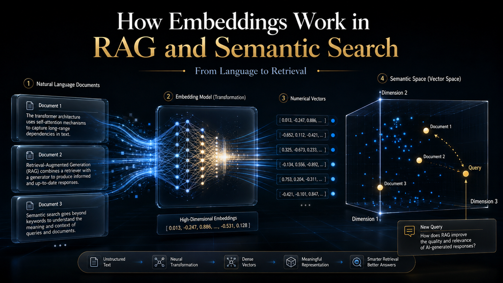 Conceptual visualization of text being converted into embeddings for semantic search and RAG. How Embeddings Work in RAG