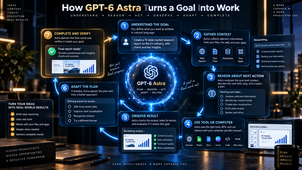 GPT-6 Astra workflow loop from understanding a goal through tool use, observation, adaptation and verification