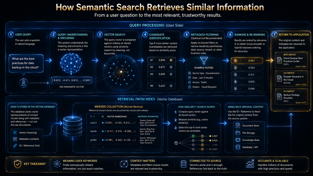 Step-by-step diagram showing a user query becoming an embedding and being compared against indexed vectors to retrieve relevant results.