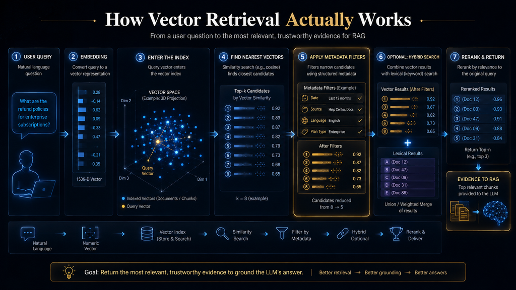 Vector retrieval process showing embeddings, indexing, filtering, reranking and evidence retrieval