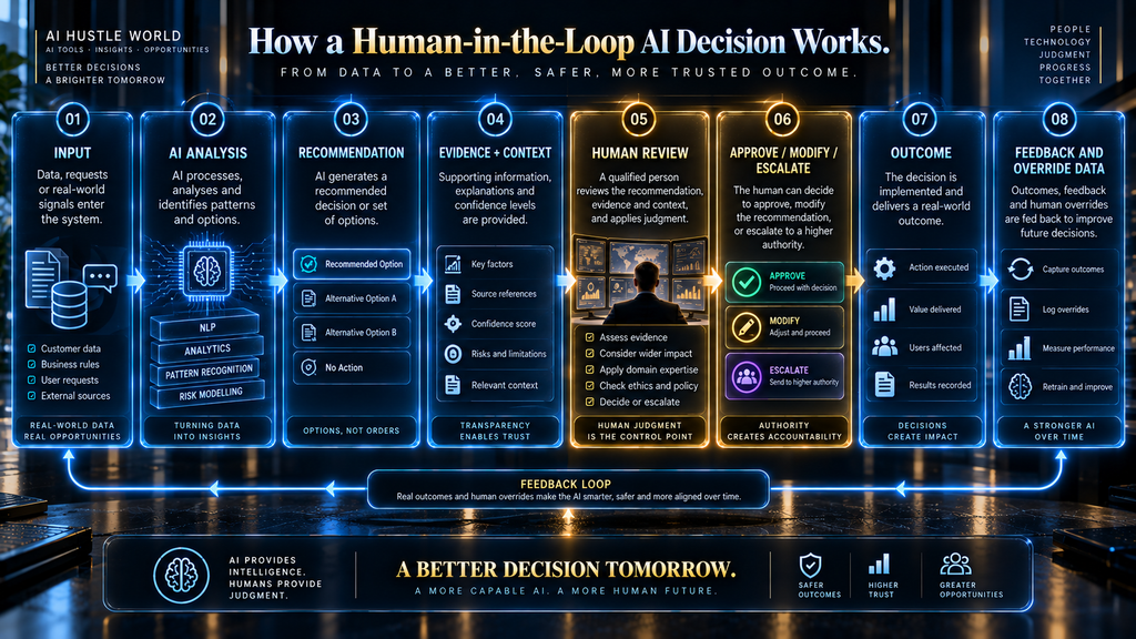 Human-in-the-loop AI workflow from input and AI recommendation through human review, approval, escalation and feedback.